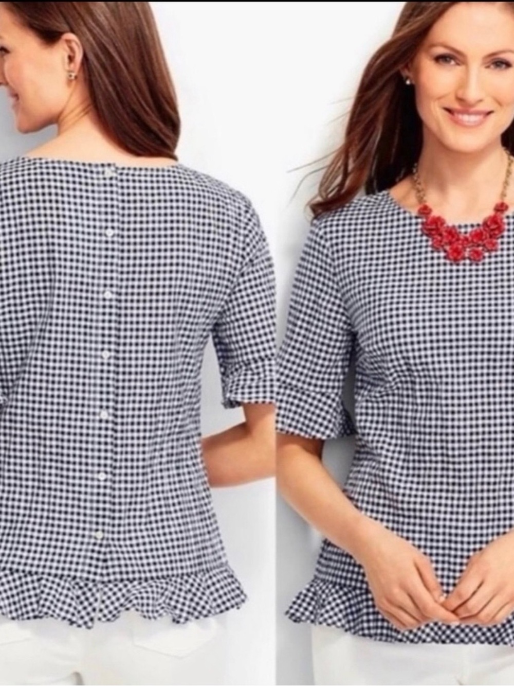 Talbots Gingham Bell Sleeve Ruffle Flounce Top